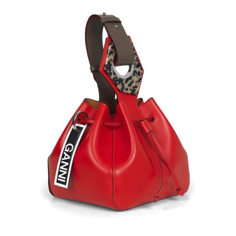 Ganni Fiery Red Leather Drawstring Bag / Purse